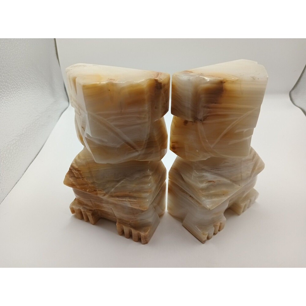 Vintage Pair Carved Heavy Marble Onyx/Alabaster Aztec Mayan Tiki Stone Bookends